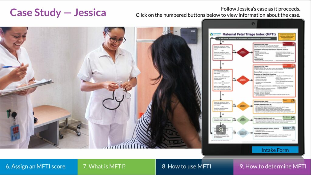 example of Obstetric Triage case study picture of pregnant woman talking to two nurses with image of maternal-fetal triage index next to her